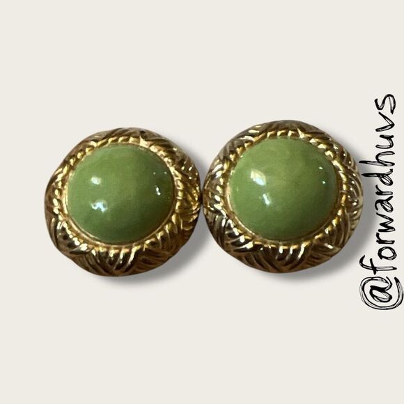 Gold-Tone Clip-On Earrings with Green Center - Picture 1 of 7
